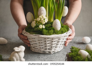 Easter Table Centerpiece With Festive Eggs, Moss And Bunny. Spring Floral Workshop.