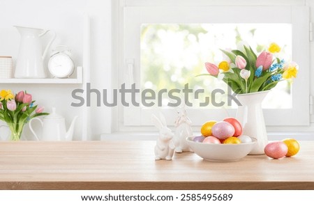 Easter table decoration with copy space on blurred interior of spring window