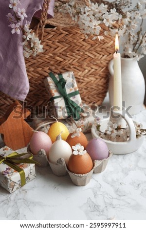 Easter table with decorations and eggs                             