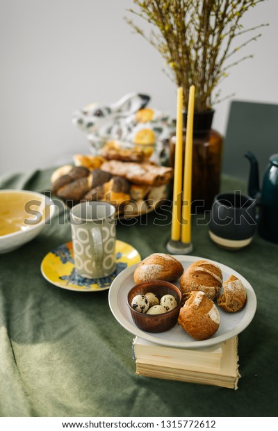 Easter Table Decorations Green Yellow Colors Stock Photo Edit Now