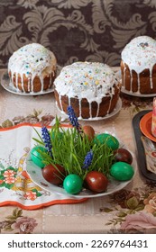 Easter table with Easter eggs and Easter cake