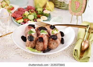 Easter Table With Grilled White Sausage Wrapped In Bacon With Prune And Horseradish