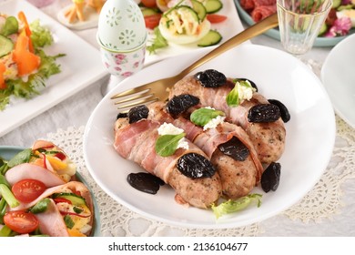 Easter Table With Grilled White Sausage Wrapped In Bacon With Prune And Horseradish