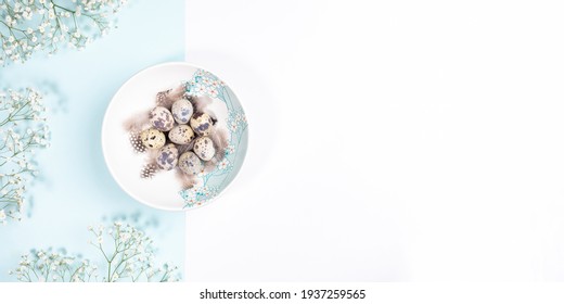 Easter Table Setting Concept With Quail Eggs On Plate With White Flowers On Pastel White And Light Blue Backdrop. Easter Festive Banner. Passover Minimal Table. View From Above. Copy Space.