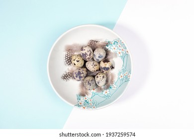 Easter Table Setting Concept With Quail Eggs And Feathers On Plate Decorated Spring Flowers On Pastel White And Light Blue Backdrop. Passover Minimal Table. View From Above, Flat Lay. Copy Space.