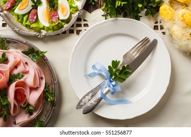 Easter Table Setting With Egg And Ham. Top View. 