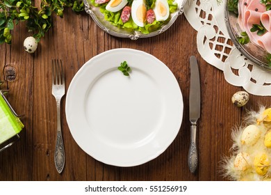 Easter Table Setting With Egg And Ham. Top View. 