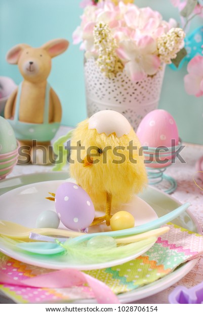 Easter Table Setting Kids Decorations Pastel Stock Photo