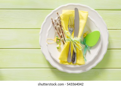 Easter Table Setting On Wood Background, Top View