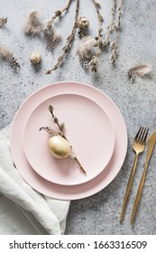 Easter Table Setting With Pink And Golden Decor On Grey Stone Table. Elegance Dinner. Top View. Vertical Composition.