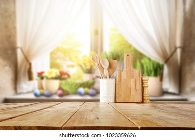 Easter Table With Spring Flowers In A Sunny April Kitchen