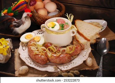 Easter White Borscht With Eggs And Roasted Sausage On Rural Wooden Background