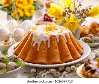 Easter Yeast Cake With Icing And Candied Orange Peel, Delicious Easter Dessert, Traditional Easter Pastries In Poland