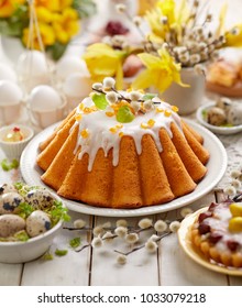 Easter Yeast Cake With Icing And Candied Orange Peel, Delicious Easter Dessert, Traditional Easter Pastries In Poland