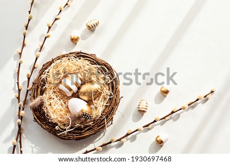 Easter zero waste, eco friendly decoration, eggs and flowers. Christian religious Easter holiday. Top view, flat lay, copy space