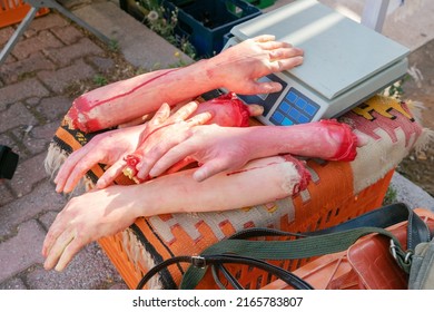 In The Eastern Bazaar Market, Severed Human Hands Are Sold By Weight As A Joke. Celebrating Halloween And Prank Concept