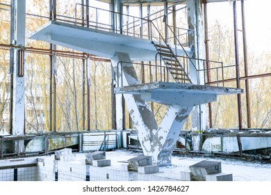 Eastern Europe, Ukraine, Pripyat, Chernobyl. Sports Court, Azure Swimming Pool. Diving Board.