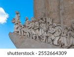 Eastern profile (detail) of the Monument of the Discoveries on the northern bank of the Tagus River, in Lisbon, Portugal.