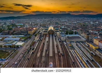 Eastern railway station in Budapest. One of the big junctions of Budapest. International and domestic trains does arrival and departure from here. Train platform aerial view.