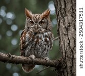 The Eastern Screech Owl (*Megascops asio*) is a small, nocturnal owl native to North America. It is about 6-10 inches (15-25 cm) in length with a wingspan of around 18-24 inches (46-61 cm). This owl h