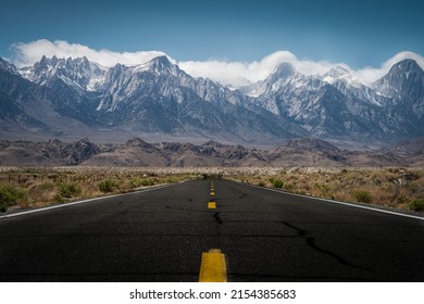 Eastern Sierra Nevada Mountains With Snow And Clouds - View From The Road - California