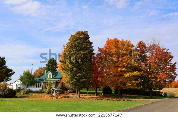 EASTERN TOWNSHIP QUEBEC CANADA 10 13 2022: Typical\
canadian house in fall landscape eastern townships  Quebec province\
Canada