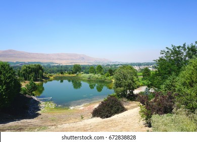 Eastern Washington State Wine Country With Pond And Mountain In Background                               