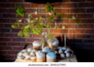 Eastertide and Eastertime. Good Friday. Easter blurred background composition. Happy Easter holiday defocused background. Easter hunt. Spring holiday at Sunday. Easter basket.