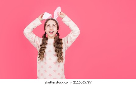 Eastertide. Ready For Party. Happy Childhood. Cheerful Bunny Kid. Copy Space. Happy Easter Holiday