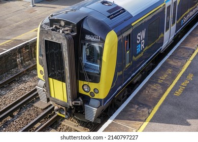 Eastleigh, Hampshire, England - 03.26.2022 : Front Drivers Cab Of Passenger Train. A South Western Railway Train Carriage In Hampshire UK. Public Commuter Train At Local Station. 