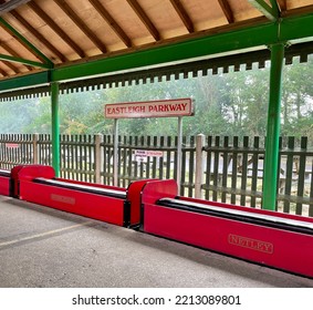 Eastleigh Lakeside Steam Railway, Hampshire, UK - August 2022: Eastleigh Parkway Miniature Steam Train Platform