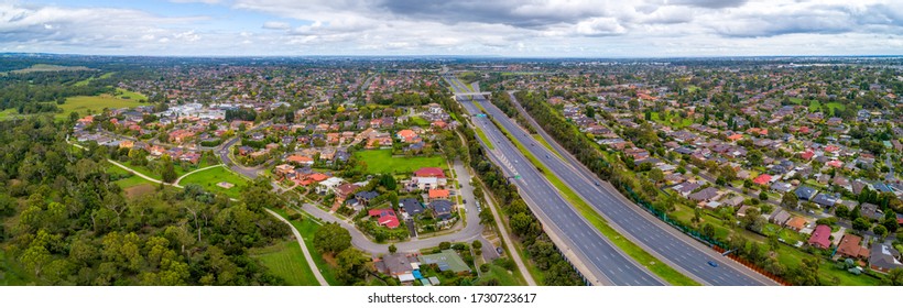 Eastlink Highway Passing Through Residential Areas In Melbourne, Australia - Aerial Panorama