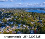 Easton Pond aerial view in fall next to Easton Beach between city of Newport and Middletown, Rhode Island RI, USA. 