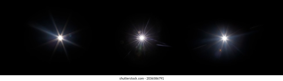 Easy to add lens flare effects for overlay designs or screen blending mode to make high-quality images. Set of abstract sun burst, digital flare, iridescent glare over black background. - Shutterstock ID 2036586791