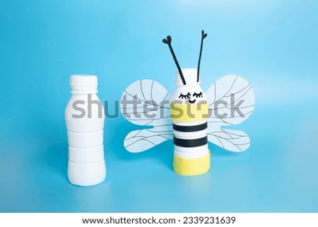 easy bee craft from paper and recycled yogurt bottle, DIY . Kindergarten or school, creative craft project ideas,