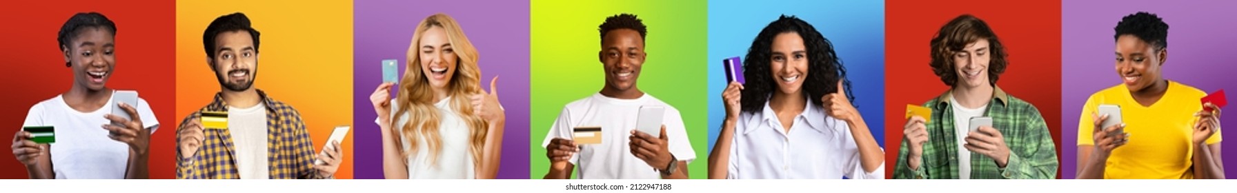 Easy Money Transfer. Portraits Of Cheerful Multiracial Men And Women Showing Debit Credit Card, Holding Using Cell Phones. People Making Online Payment Standing Isolated On Different Studio Background