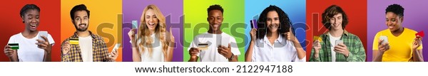 Easy Money Transfer. Portraits of cheerful\
multiracial men and women showing debit credit card, holding using\
cell phones. People making online payment standing isolated on\
different studio\
background