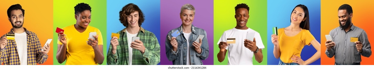 Easy Online Payment. Collection Portraits Of Cheerful Multicultural People In Row Holding Banking Credit Cards Using Smartphones Ordering Purchases, Diverse Group Posing Isolated On Studio Background