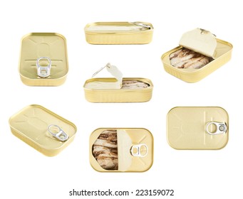 Easy Open Sardine Can With The Pull Tab Isolated Over The White Background, Set Of Multiple Foreshortenings, Closed And Opened