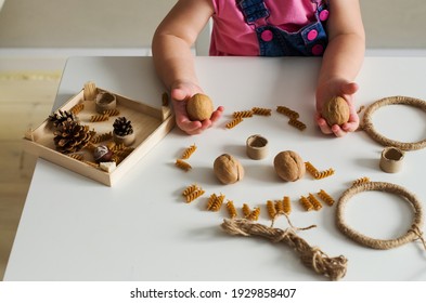 Easy Sensory Activities For Babies Toddler, Preschoolers. Little Girl Hands Playing With Natural Materials. Games For Sensory Processing Disorder, Activities Montessori