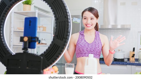 Eat Healthy Concept - Asian Pretty Live Streamer Introduce High Protein Food With Milk Online By Smart Phone