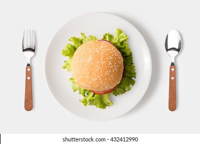 Eating Bbq Burger On Dish Isolated On White Background. Clipping Path Included Isolated On White Background.