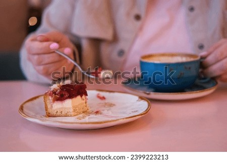 Eating Bite Of Raspberry Tart Cake. Eat Delicious Sweet Dessert. Pastry In Restaurant, Cafe. Cutting Creamy Texture Closeup. Person Taking Bite Slice of Shortcrust Cake. Breaks Off Piece of Berry Cake