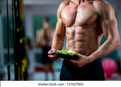 Eating Food Salad Bodybuilding Bodybuilder Fitness Gym Body Builder Building Muscles Young Man Studio