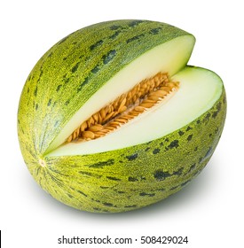 eating green melon isolated on white background with clipping path