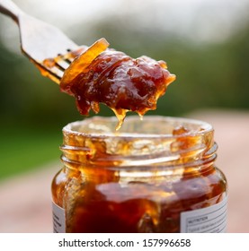 Eating Onion Chutney With Fork, Natural Light