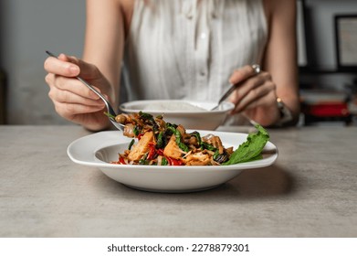 Eating vegan food Thaifood on table with rice   - Shutterstock ID 2278879301