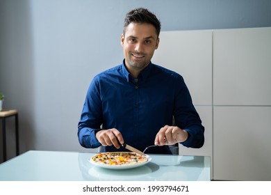 Eating Virtual Lunch. Business Man Tasting Food