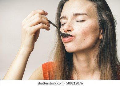 Eating Woman With Pleasure,yogurt,close Eyes