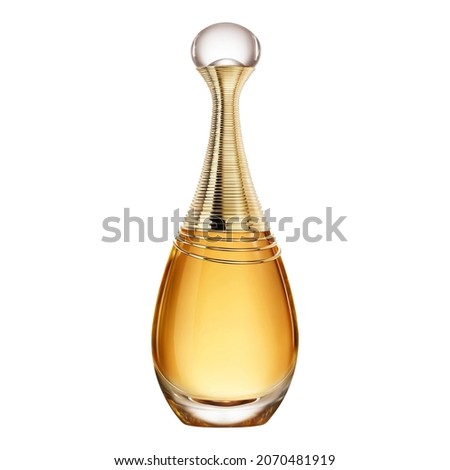 Eau De Parfum Spray Bottle Isolated. Yellow Golden Beautiful 30ml Bottle of Perfume. Floral Fruity Fragrance for Women. Women's Toilette Spray. Modern Luxury Lady Parfum De Cologn